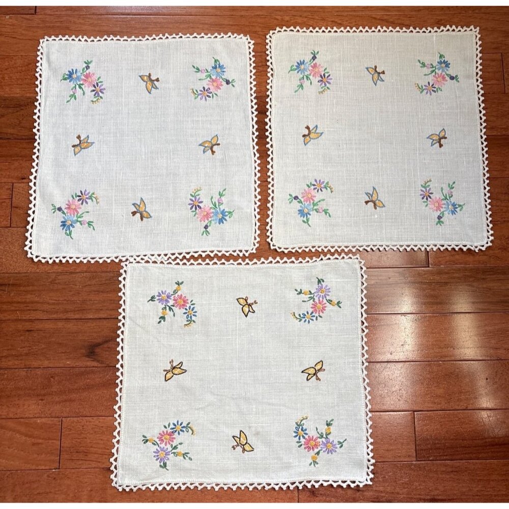 Hand-Embroidered Floral & Butterfly Linen Doilies Set 3 11”x11” Crochet Edges Vt